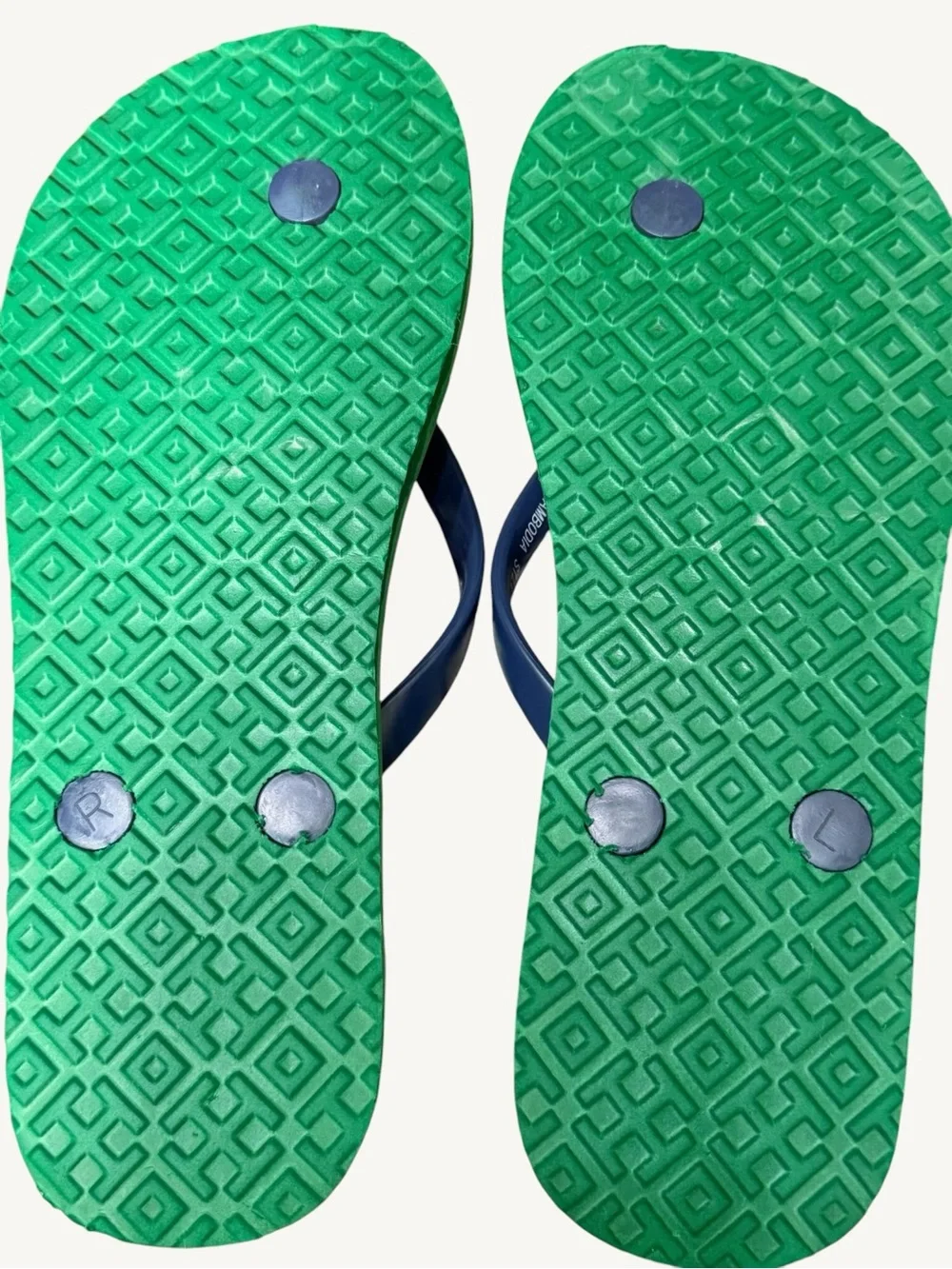 Tory Burch Green, Navy & White Check Logo Flip Flops Size 5 NWOT